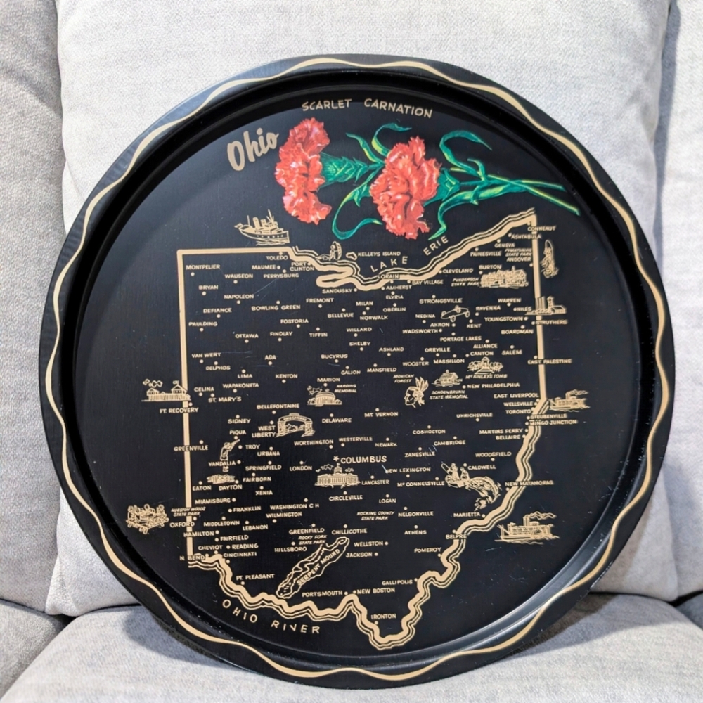 Vintage 70's Ohio State Map Metal Serving Tray Souvenir
